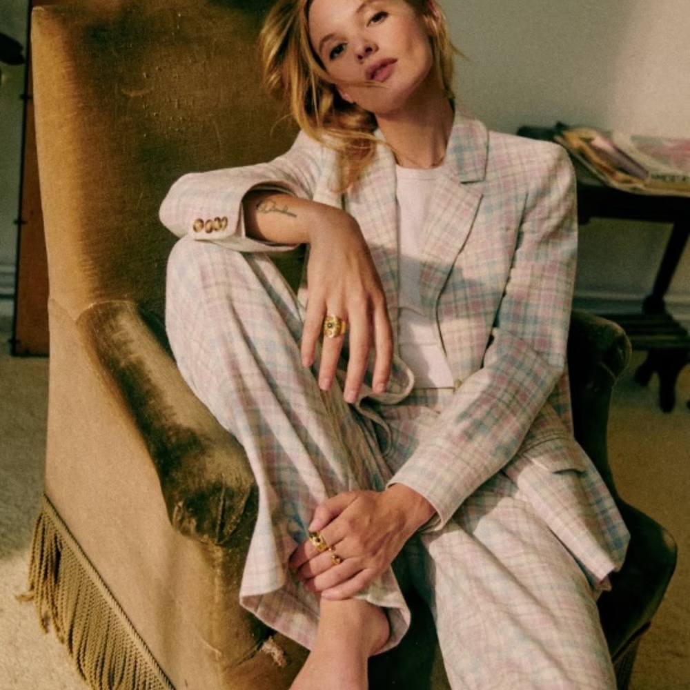 Sezane Pastel Plaid Blazer in Pink and Cream